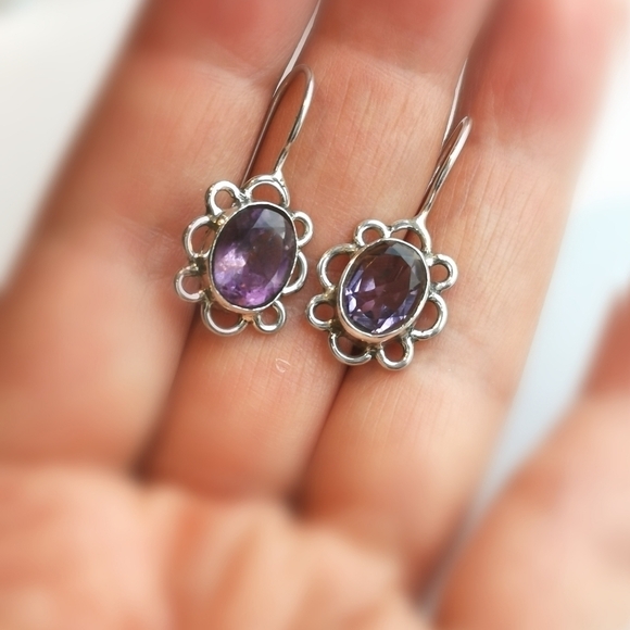 Sterling Silver Amethyst Flower Drop Earrings New - Picture 6 of 7